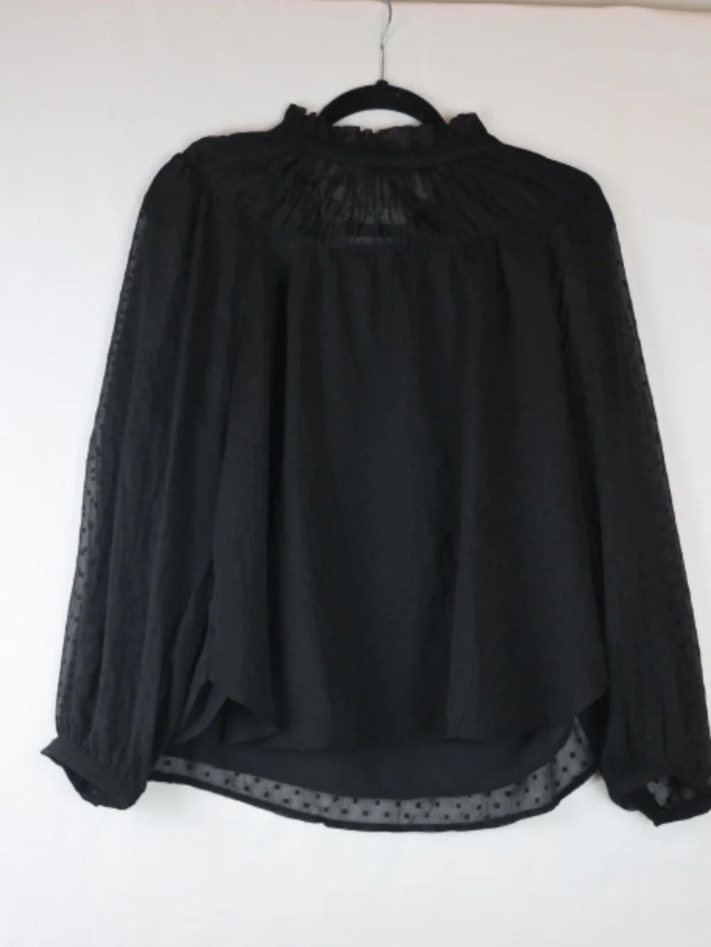 LOFT Black Sheer Dot Blouse with Ruffled Yoke